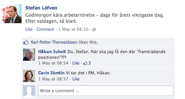 Första maj, Facebook, Jimmie Åkesson, Fredrik Reinfeldt, Politik, Stefan Löfven